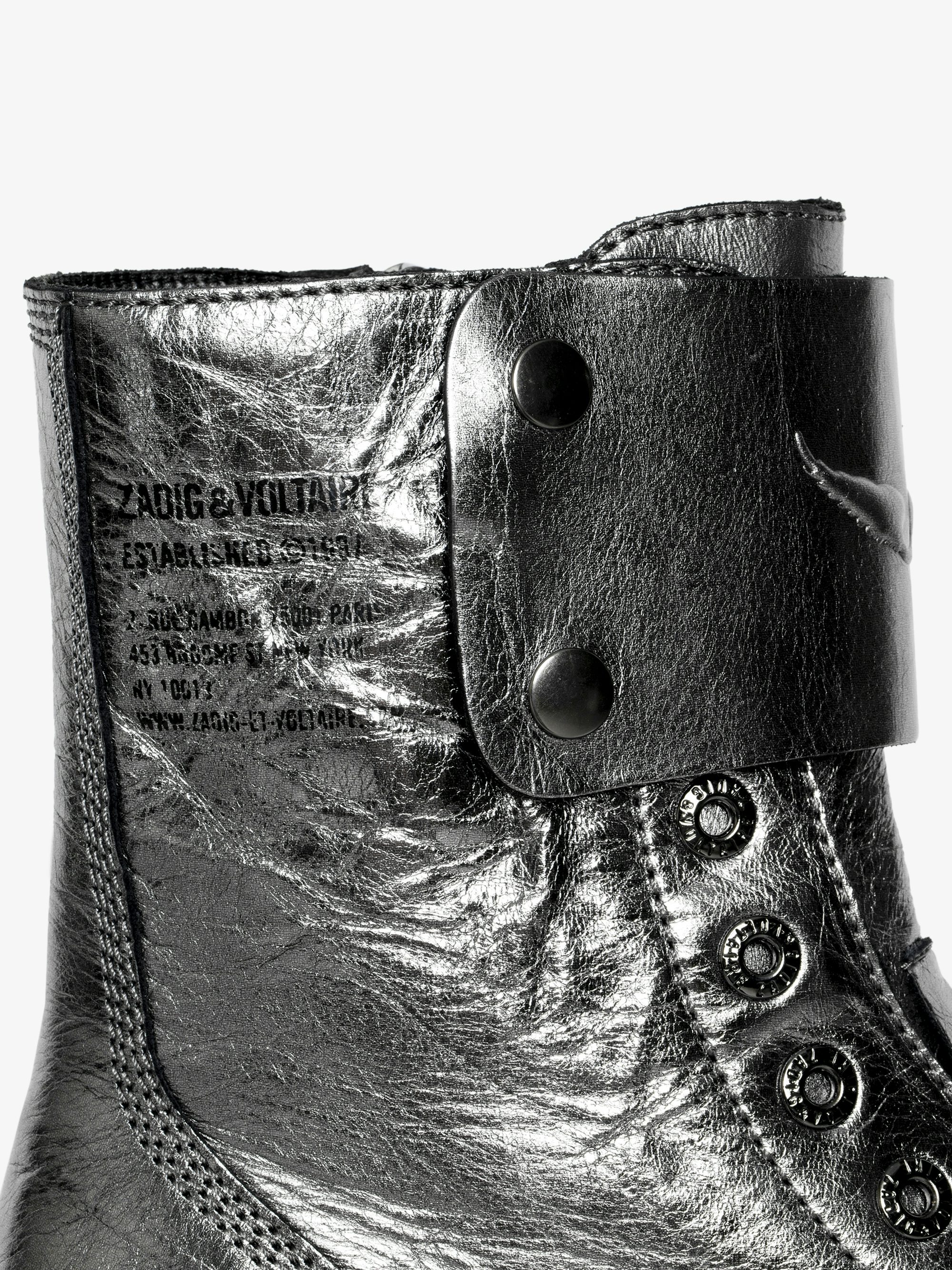 Joe Fast Vintage Metal Ankle Boots - Combat boots without laces in metallic crinkled leather with patches adorned with embossed wings.